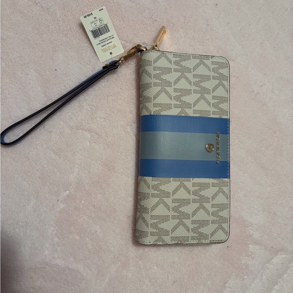 NWT Never Worn Michael Kors White and Blue Large Wristlet Wallet.